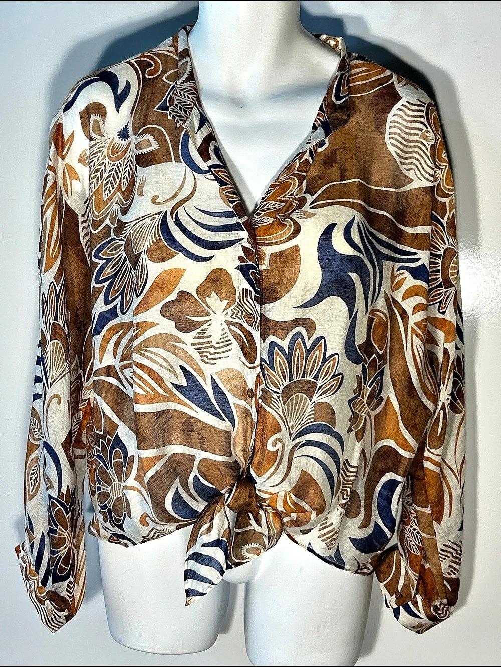 Vince Camuto Floral Blouse in Brown & Blue Large NWT